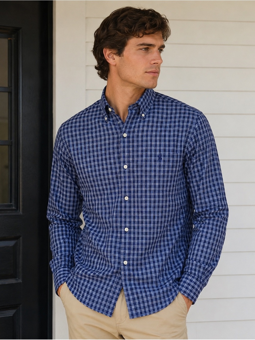 Ralph Lauren Navy Plaid Button Front Shirt Mens Small Preppy Classic Navy Pony